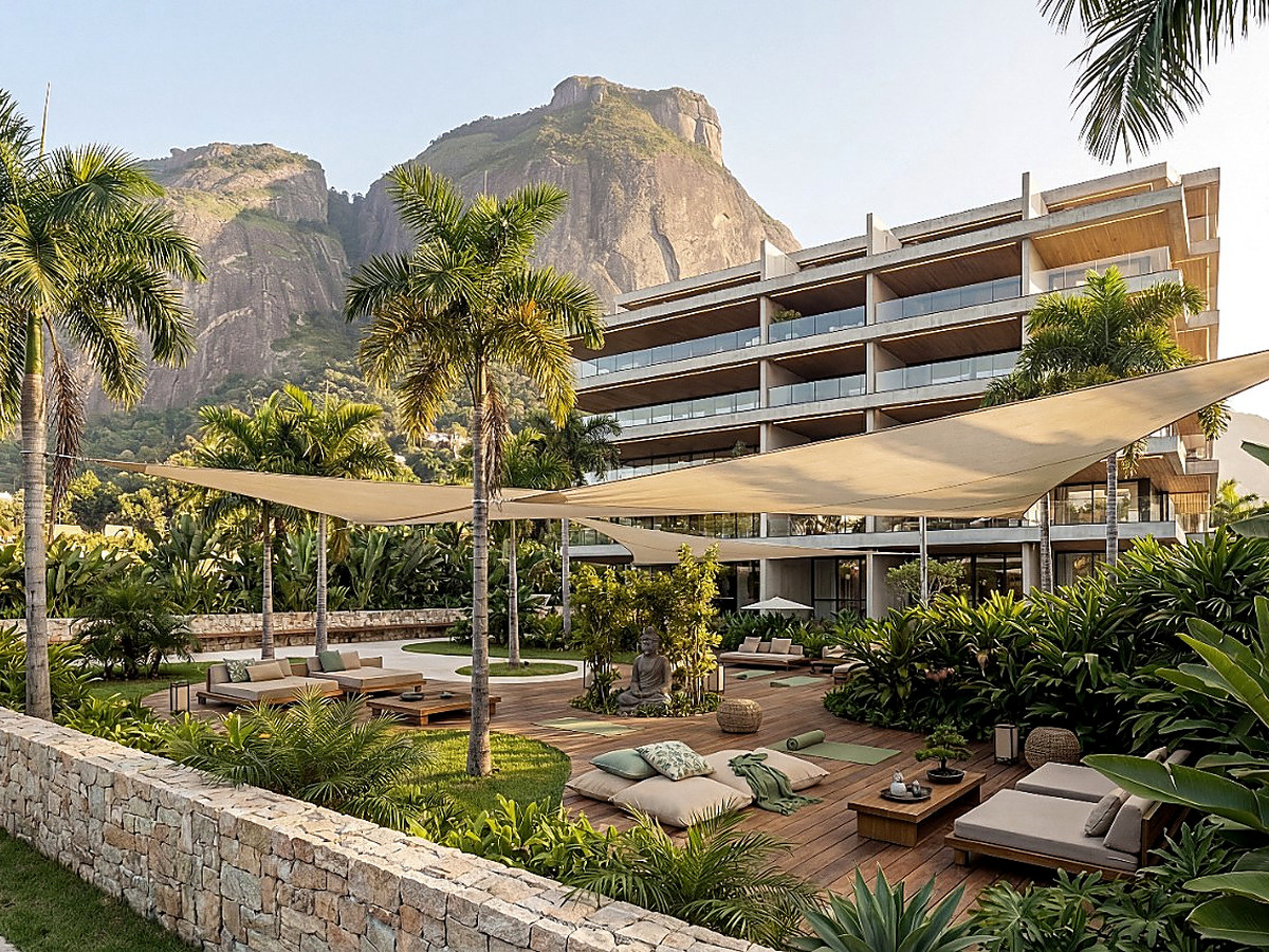 Lounge e jardins do Vista Joá